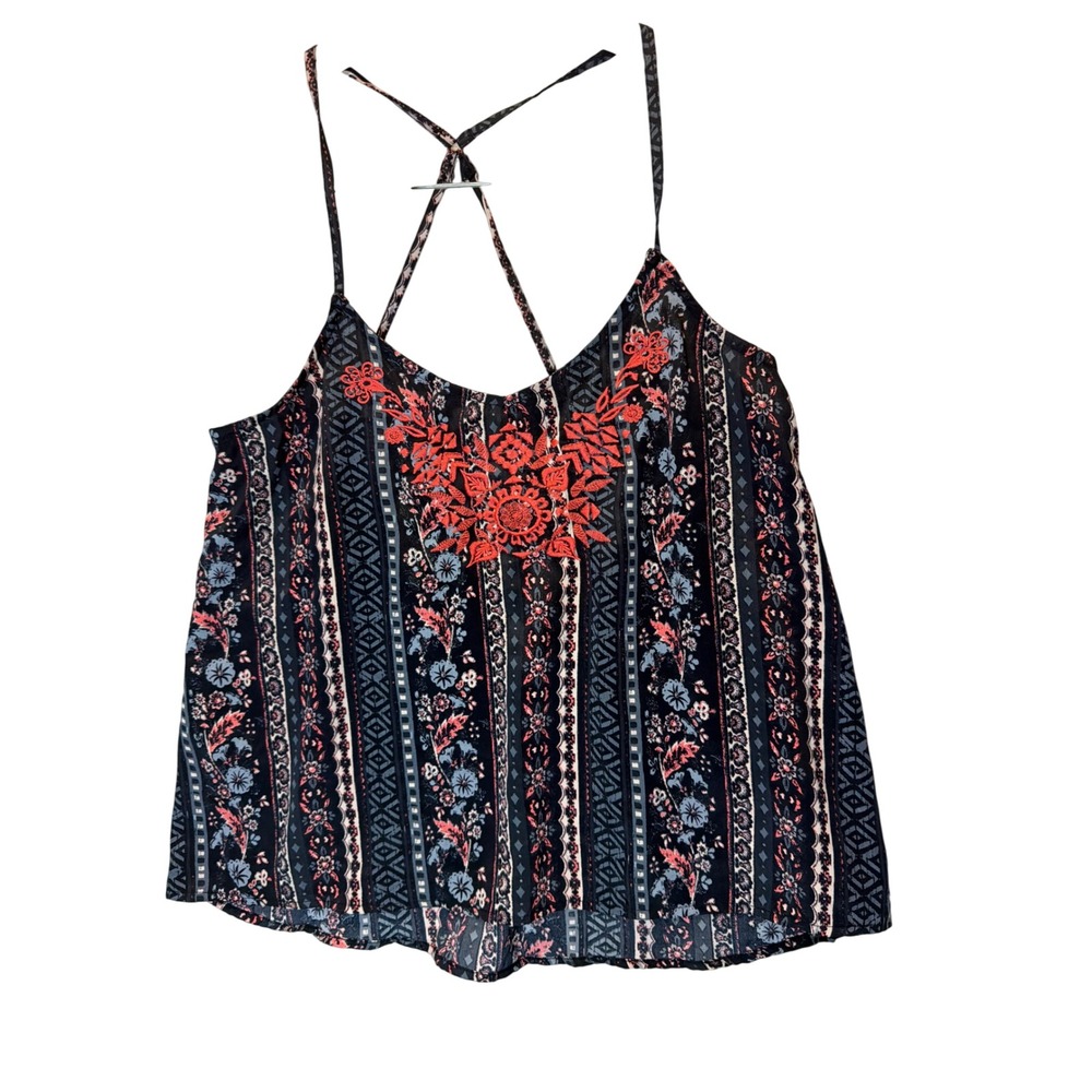 Hollister Womens Small Navy Blue Coral Floral Embroidered Boho Cami Tank Top